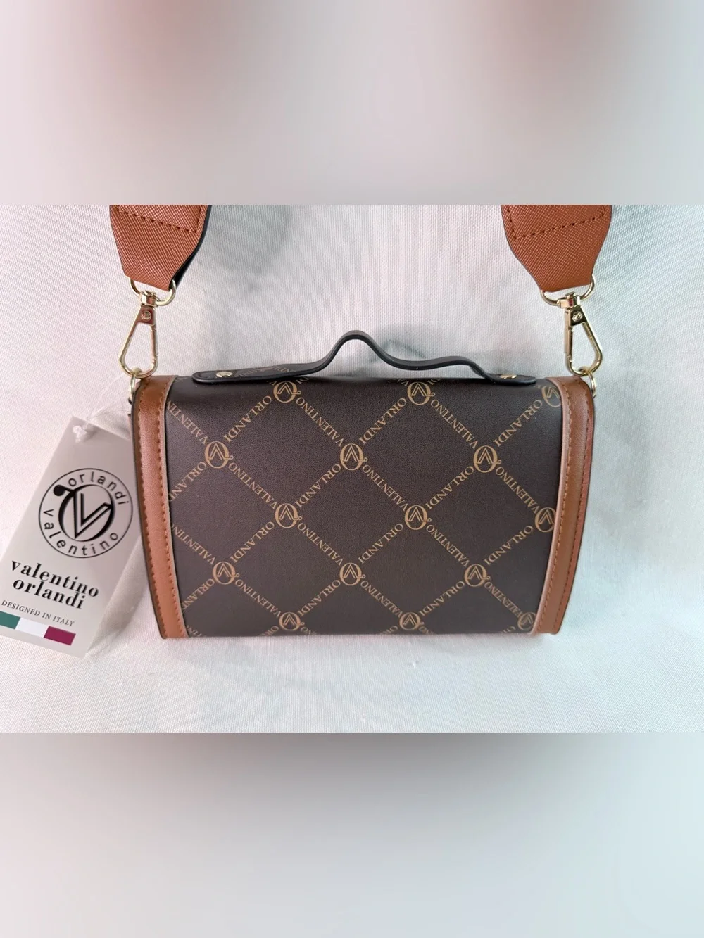 Valentino Orlandi Brown and Tan Logo Crossbody with Branded Strap